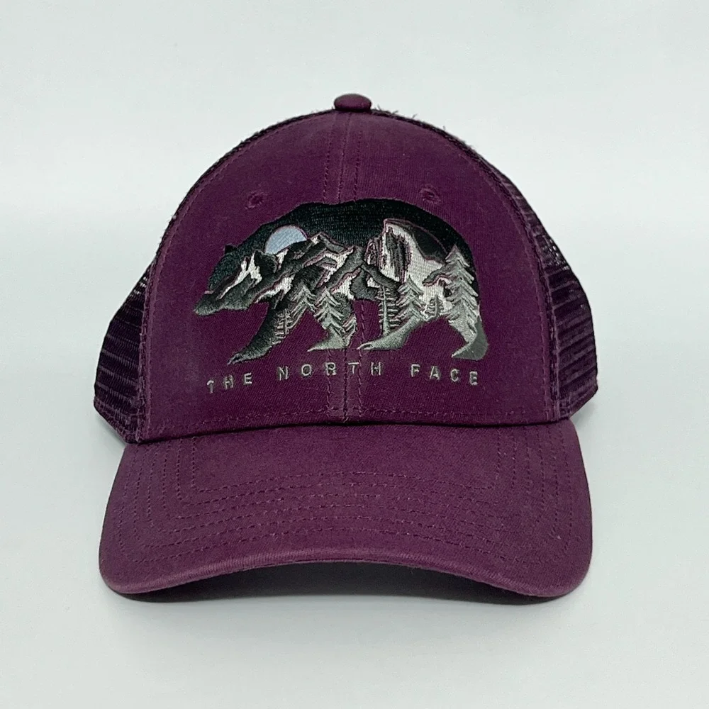 The North Face Embroidered Bear Trucker Hat Wine Snap Back Mesh